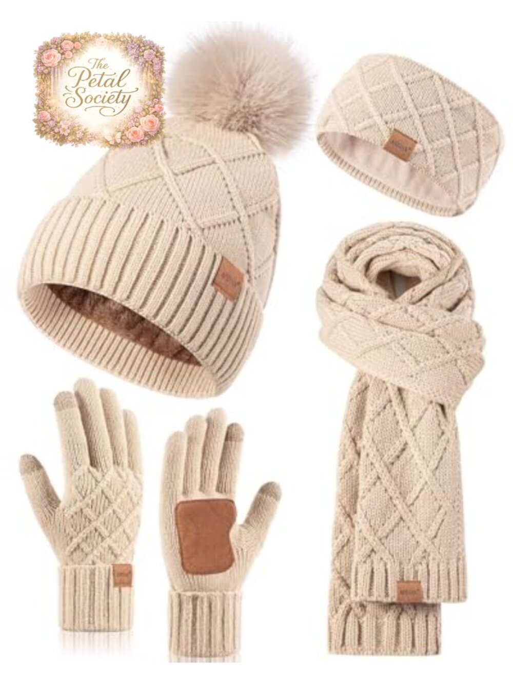 4 Piece Winter Set Pom Pom Beanie Long Scarf Touchscreen Gloves & Headband